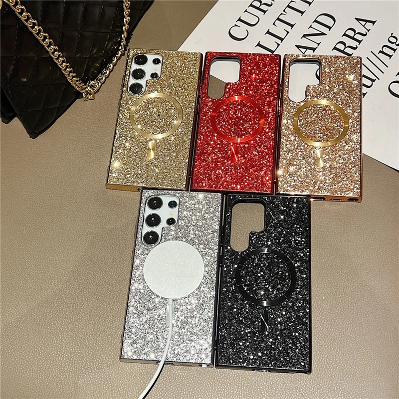 For Samsung Galaxy S24 Ultra Glitter Magnetic Case Electroplating TPU Frame PC Back Mobile Phone Cover - Rose Gold