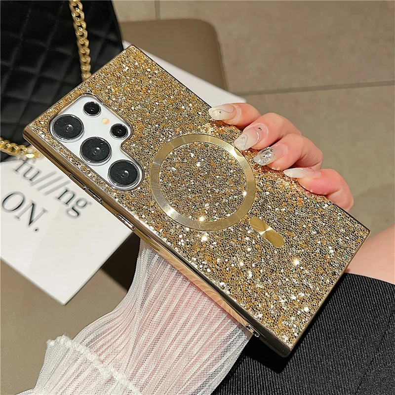 For Samsung Galaxy S24 Ultra Glitter Magnetic Case Electroplating TPU Frame PC Back Mobile Phone Cover - Gold