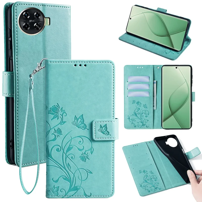 For TECNO Spark 20 Pro+ Case Butterfly Flower Imprinted PU Leather Phone Cover - Green