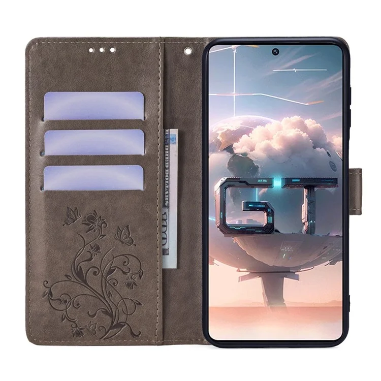 Für Infinix GT 10 Pro 5G Hülle Schmetterling Blume Geprägte PU Leder Handyhülle - Grau