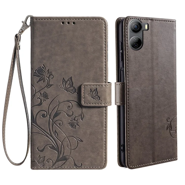 Per ZTE Libero 5G IV Wallet Case Butterfly Flower Imprint Anti-Scratch PU Leather Phone Cover - Grey