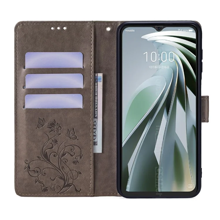 Per ZTE Libero 5G IV Wallet Case Butterfly Flower Imprint Anti-Scratch PU Leather Phone Cover - Grey
