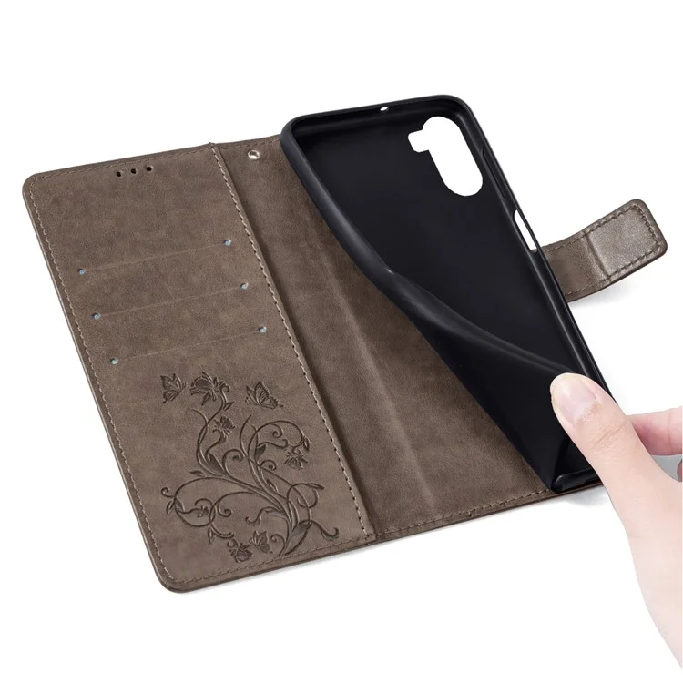 Per ZTE Libero 5G IV Wallet Case Butterfly Flower Imprint Anti-Scratch PU Leather Phone Cover - Grey