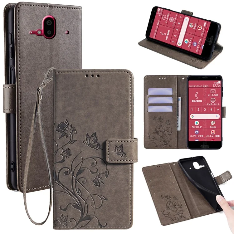 Para Fujitsu Arrows F-52B Case Butterfly Flower Design Leather Phone Cover com 3 Suporte de Cartão - Cinza