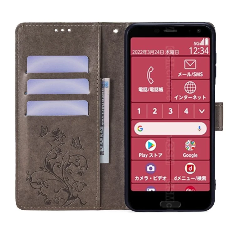 Para Fujitsu Arrows F-52B Case Butterfly Flower Design Leather Phone Cover com 3 Suporte de Cartão - Cinza