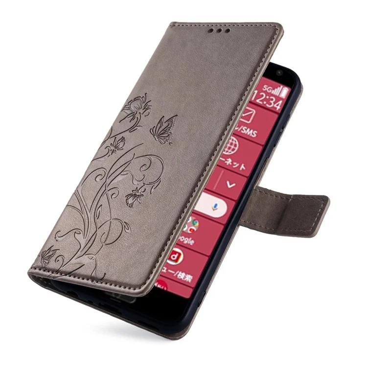 Para Fujitsu Arrows F-52B Case Butterfly Flower Design Leather Phone Cover com 3 Suporte de Cartão - Cinza