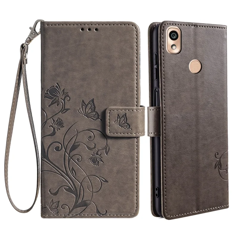 For Kyocera KY-51B Case Butterfly Flower PU Leather Magnetic Clasp Wallet Flip Phone Cover - Grey