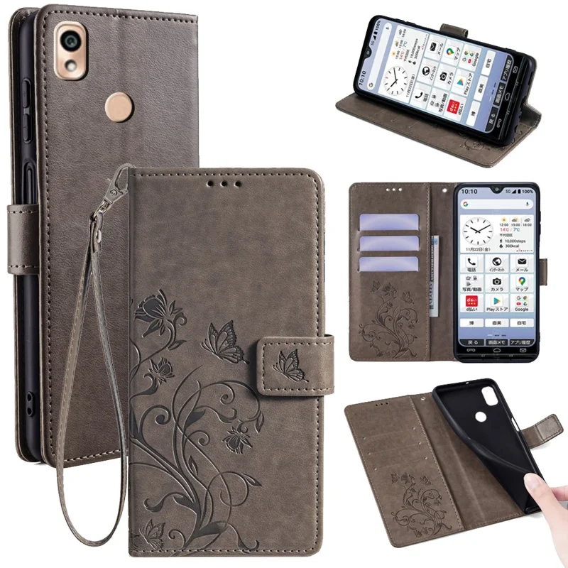 For Kyocera KY-51B Case Butterfly Flower PU Leather Magnetic Clasp Wallet Flip Phone Cover - Grey