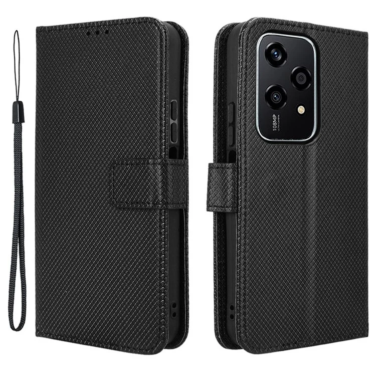For Honor 200 Lite Case Wallet Diamond Texture PU Leather TPU Protective Shell Phone Cover - Black