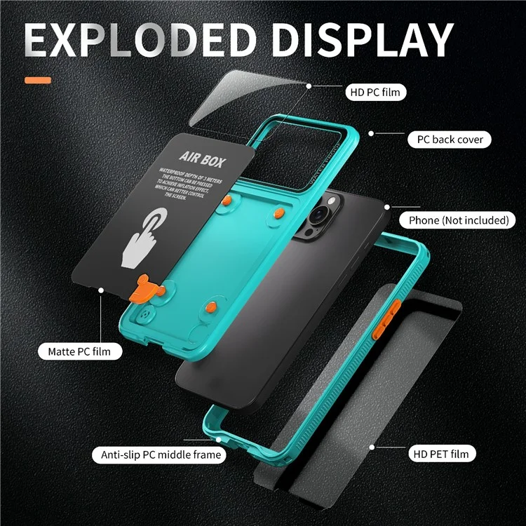 SHELLBOX Air Box Series For iPhone 15 Pro Max Waterproof Cover PC+TPU+PET Protective Phone Case - Blue