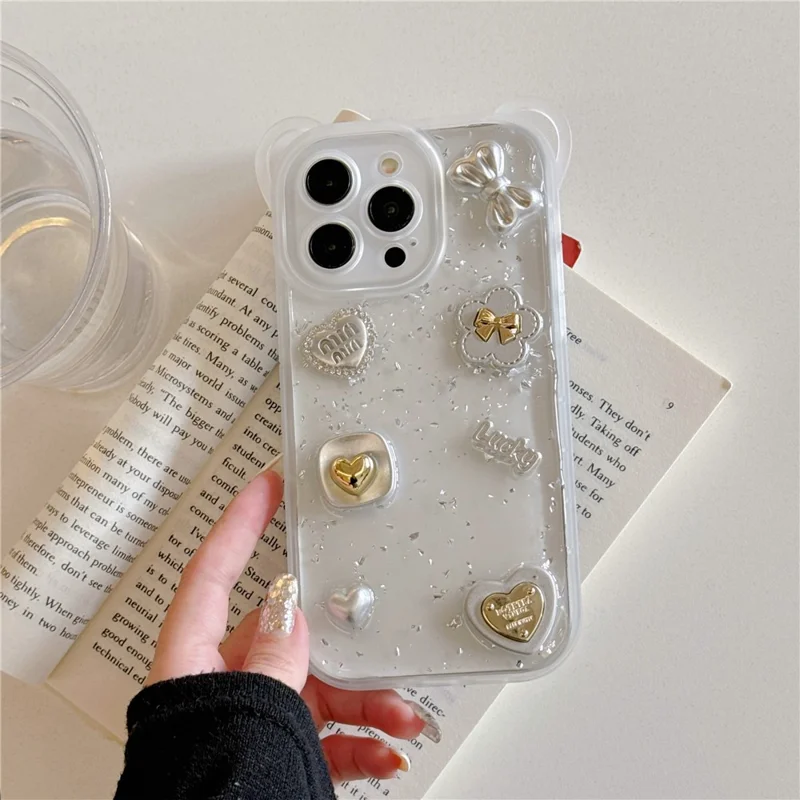Funda para iPhone 15 Pro Max Diseño Personalizado en 3D Cubierta de Teléfono de PC + TPU con Correa de Mano - Corazón y Lazo