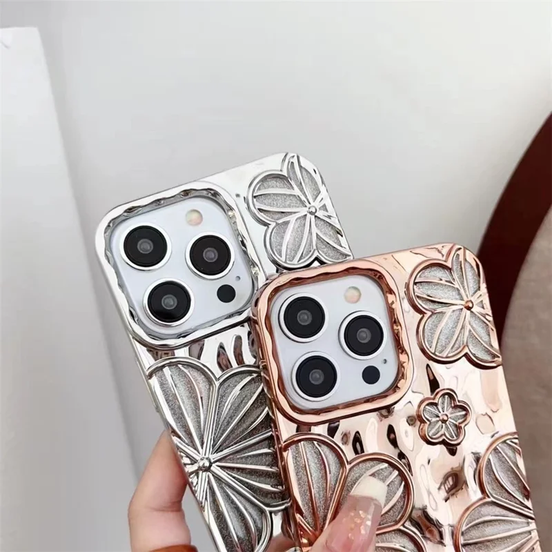 For iPhone 13 Pro TPU Case Electroplating Flower Hollow Heat Dissipation Phone Protector - Gold