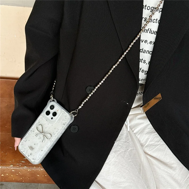 For iPhone 14 Pro Case Bowknot Heart Decor PC+TPU Phone Cover with Lanyard - Large Bowknot