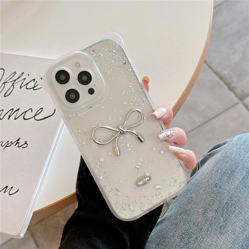 For iPhone 14 Pro Case Bowknot Heart Decor PC+TPU Phone Cover with Lanyard - Large Bowknot