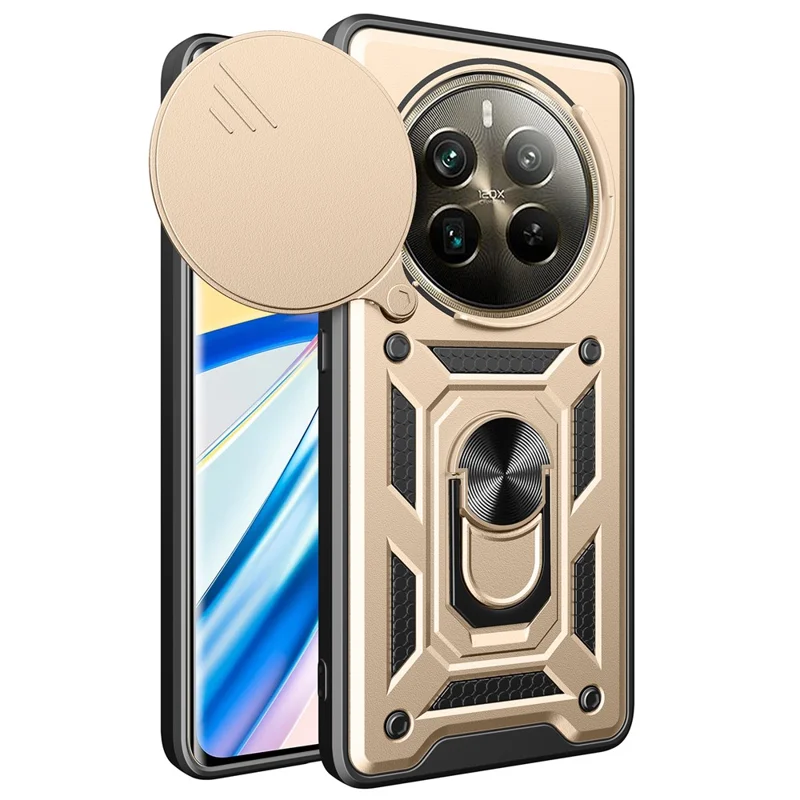 For Realme 12 Pro 5G / 12 Pro+ 5G Case Lens Cover Kickstand PC+TPU Phone Shell - Gold