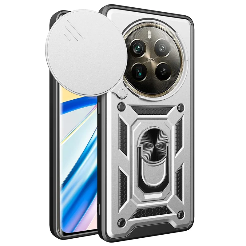 For Realme 12 Pro 5G / 12 Pro+ 5G Case Lens Cover Kickstand PC+TPU Phone Shell - Silver