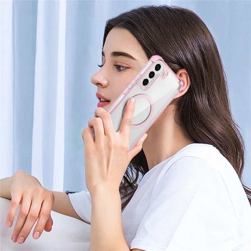 For Samsung Galaxy S22+ 5G Clear Phone Magnetic Case TPU+PC Cover - Transparent Pink