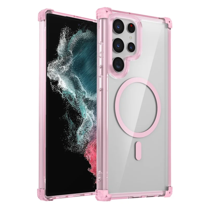 For Samsung Galaxy S22 Ultra 5G Magnetic Case TPU+PC Clear Phone Cover - Transparent Pink