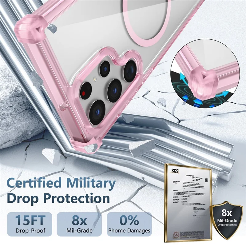 For Samsung Galaxy S22 Ultra 5G Magnetic Case TPU+PC Clear Phone Cover - Transparent Pink