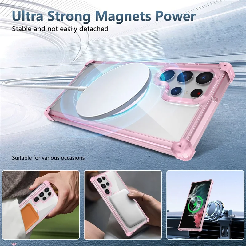 For Samsung Galaxy S22 Ultra 5G Magnetic Case TPU+PC Clear Phone Cover - Transparent Pink