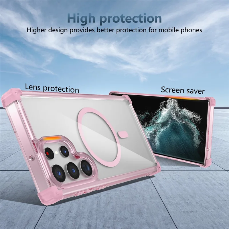 For Samsung Galaxy S22 Ultra 5G Magnetic Case TPU+PC Clear Phone Cover - Transparent Pink