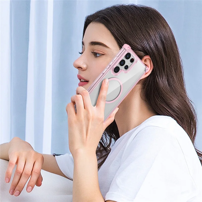 For Samsung Galaxy S22 Ultra 5G Magnetic Case TPU+PC Clear Phone Cover - Transparent Pink