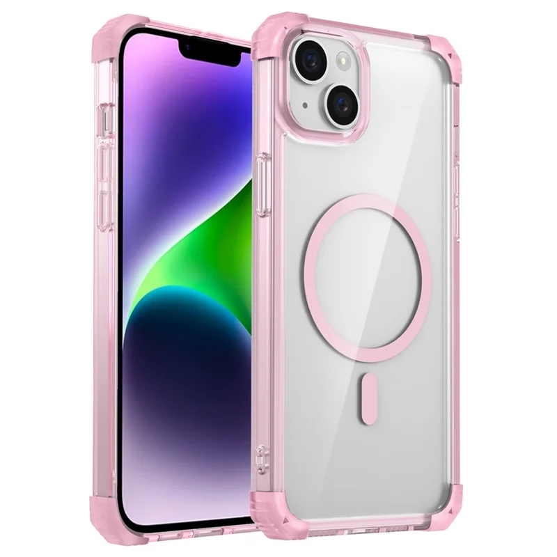 For iPhone 13 / 14 Magnetic Case TPU+PC Clear Back Phone Cover Reinforced Drop Protection - Transparent Pink