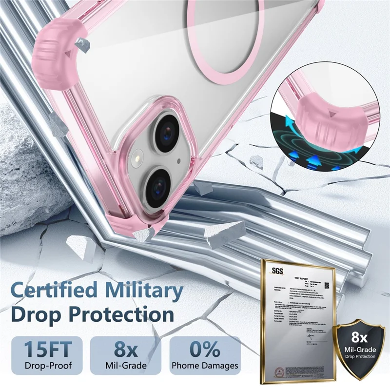 For iPhone 13 / 14 Magnetic Case TPU+PC Clear Back Phone Cover Reinforced Drop Protection - Transparent Pink
