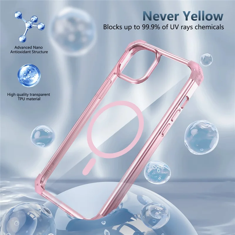 For iPhone 13 / 14 Magnetic Case TPU+PC Clear Back Phone Cover Reinforced Drop Protection - Transparent Pink