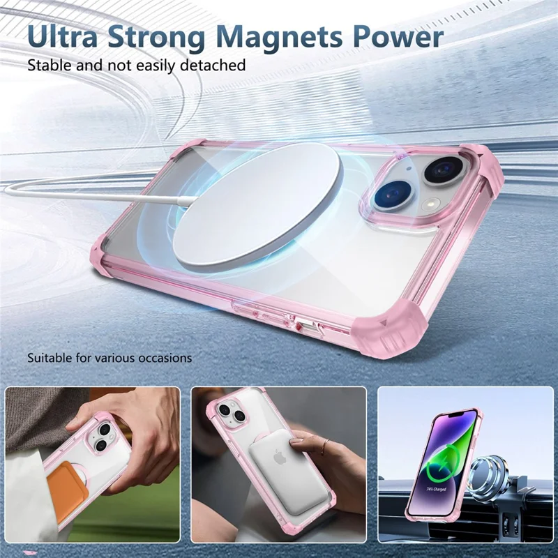 For iPhone 13 / 14 Magnetic Case TPU+PC Clear Back Phone Cover Reinforced Drop Protection - Transparent Pink