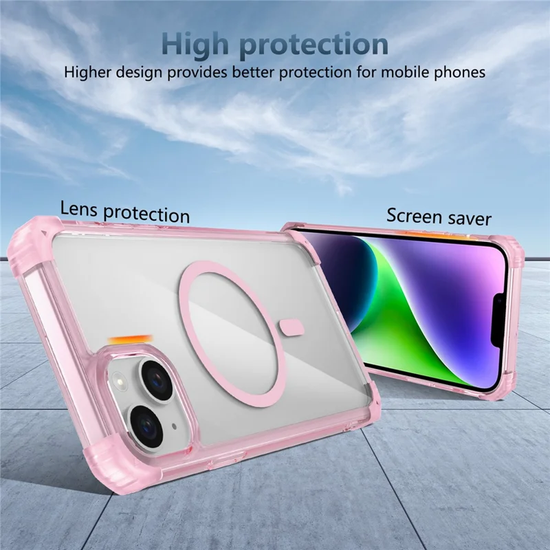 For iPhone 13 / 14 Magnetic Case TPU+PC Clear Back Phone Cover Reinforced Drop Protection - Transparent Pink