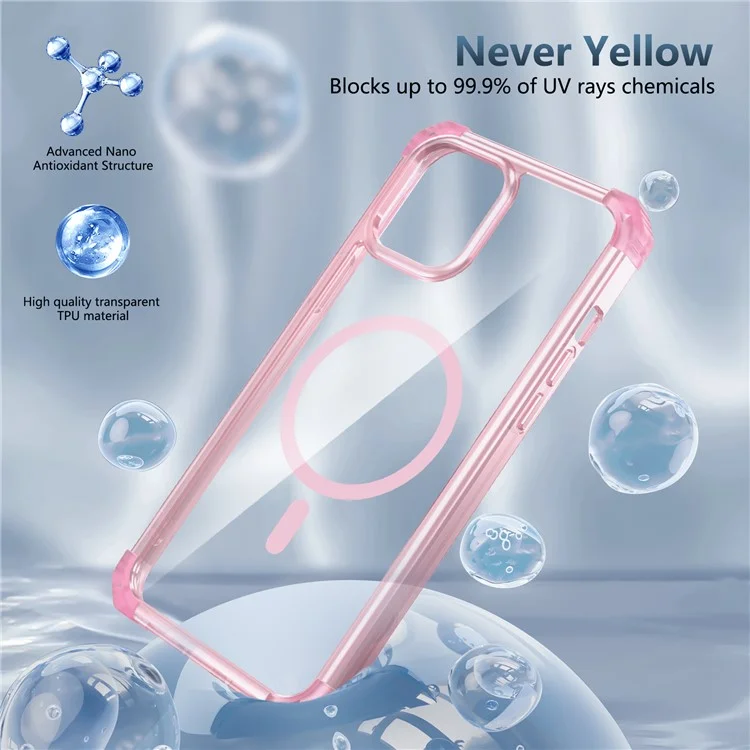 Para iPhone 12 Pro Max Carcasa Anti-Amarilla TPU+PC Cristal Claro Funda de Teléfono Compatible con Magsafe - Rosa Transparente