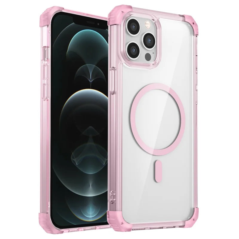 For iPhone 12 / 12 Pro Case Four Corners Air Cushion TPU+PC Hybrid Magnetic Phone Cover - Transparent Pink