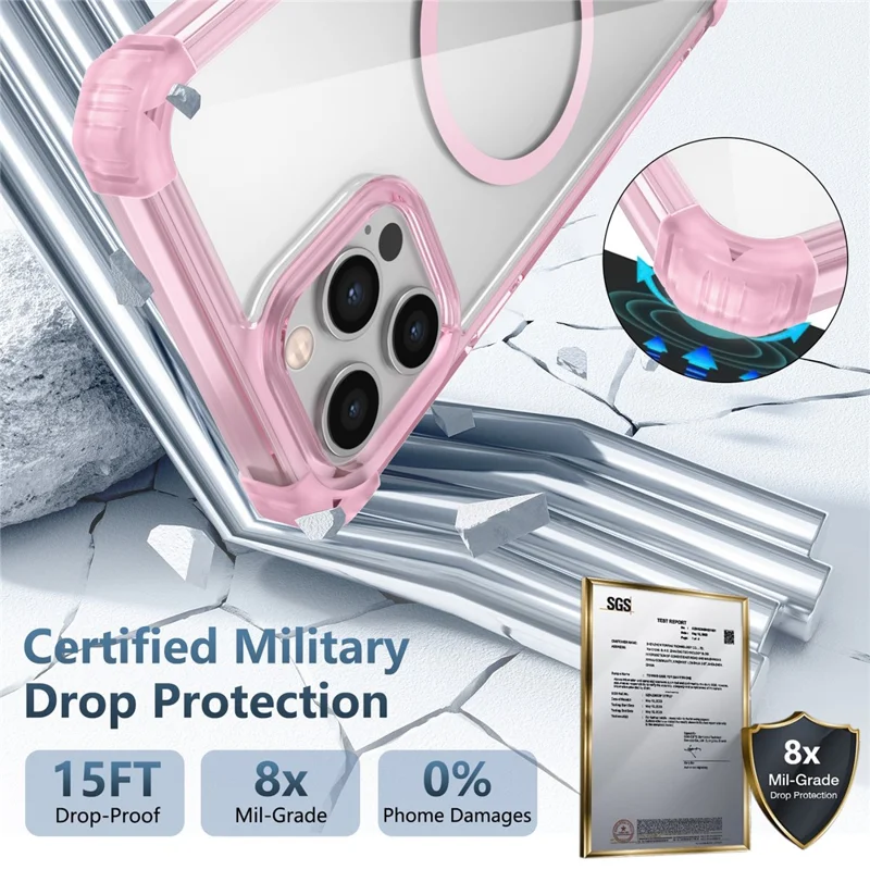 For iPhone 12 / 12 Pro Case Four Corners Air Cushion TPU+PC Hybrid Magnetic Phone Cover - Transparent Pink