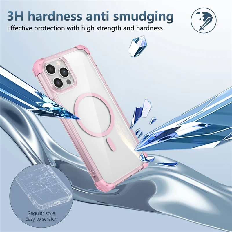 For iPhone 12 / 12 Pro Case Four Corners Air Cushion TPU+PC Hybrid Magnetic Phone Cover - Transparent Pink