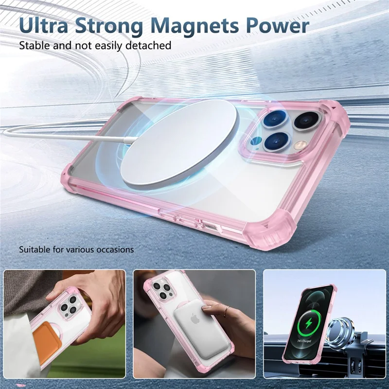 For iPhone 12 / 12 Pro Case Four Corners Air Cushion TPU+PC Hybrid Magnetic Phone Cover - Transparent Pink