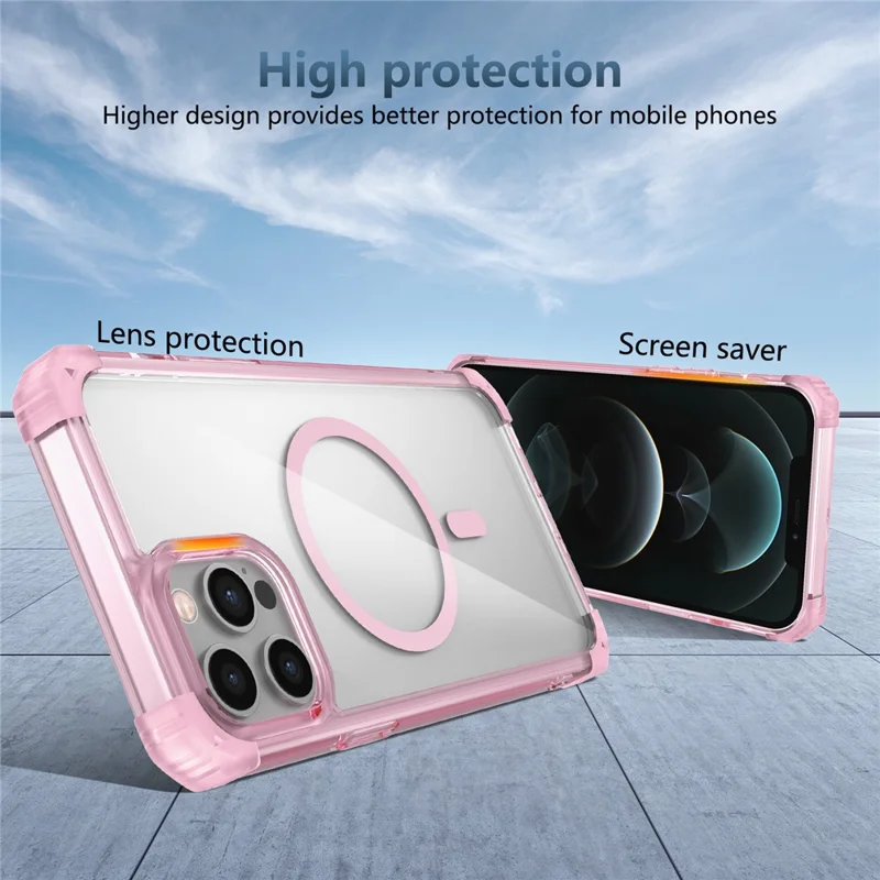 For iPhone 12 / 12 Pro Case Four Corners Air Cushion TPU+PC Hybrid Magnetic Phone Cover - Transparent Pink
