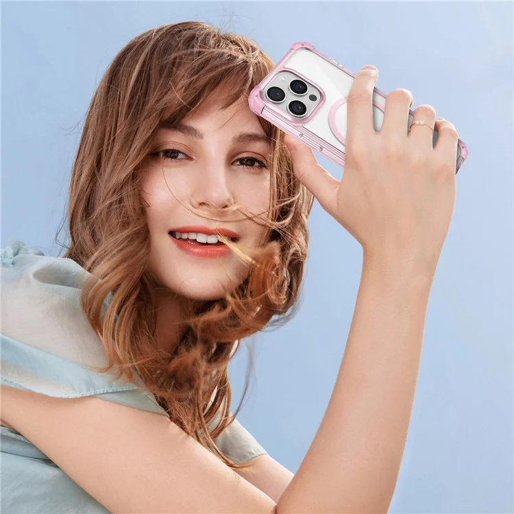 For iPhone 13 Pro Max Magnetic Phone Case TPU+PC Back Cover Compatible with Magsafe - Transparent Pink
