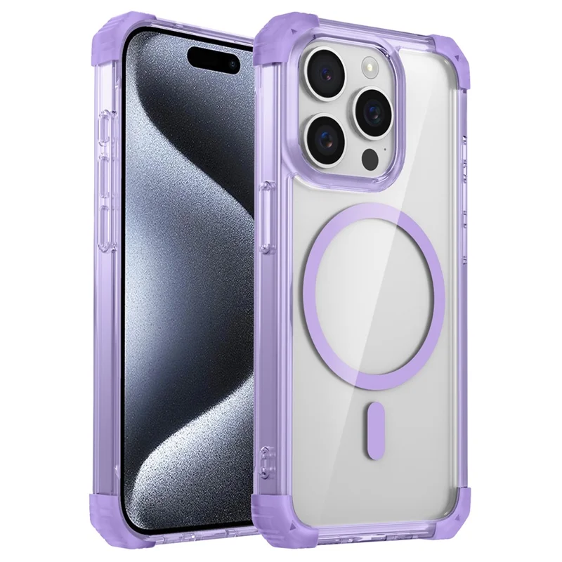 For iPhone 14 Pro Clear Case TPU+PC Hybrid Drop-proof Phone Cover Compatible with MagSafe - Transparent Purple