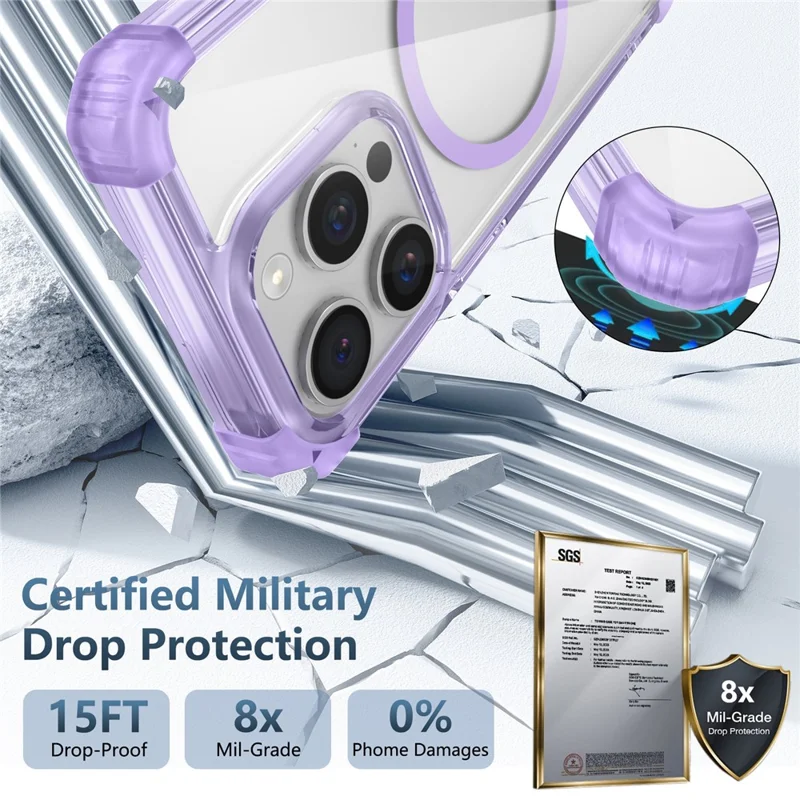 For iPhone 14 Pro Clear Case TPU+PC Hybrid Drop-proof Phone Cover Compatible with MagSafe - Transparent Purple