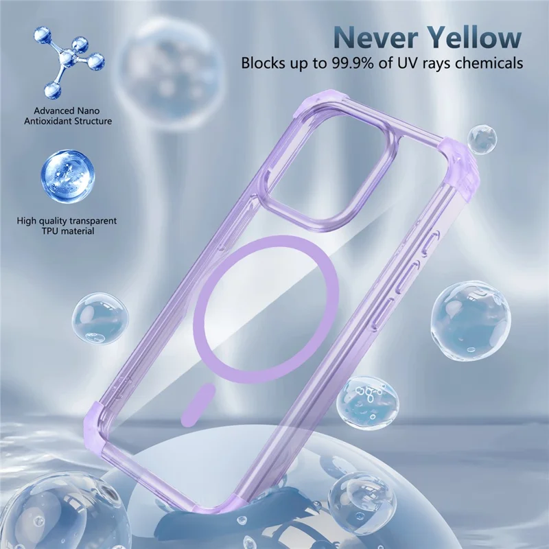 For iPhone 14 Pro Clear Case TPU+PC Hybrid Drop-proof Phone Cover Compatible with MagSafe - Transparent Purple