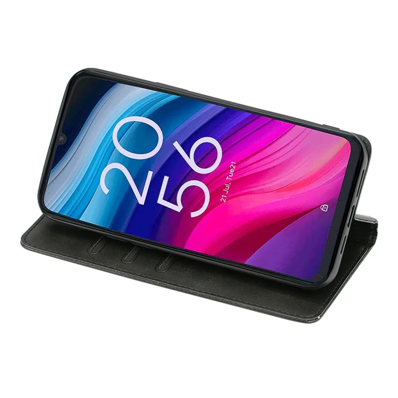For TCL 505 Case Card Holder Calf Texture Bump Proof Phone Stand Cover - Black