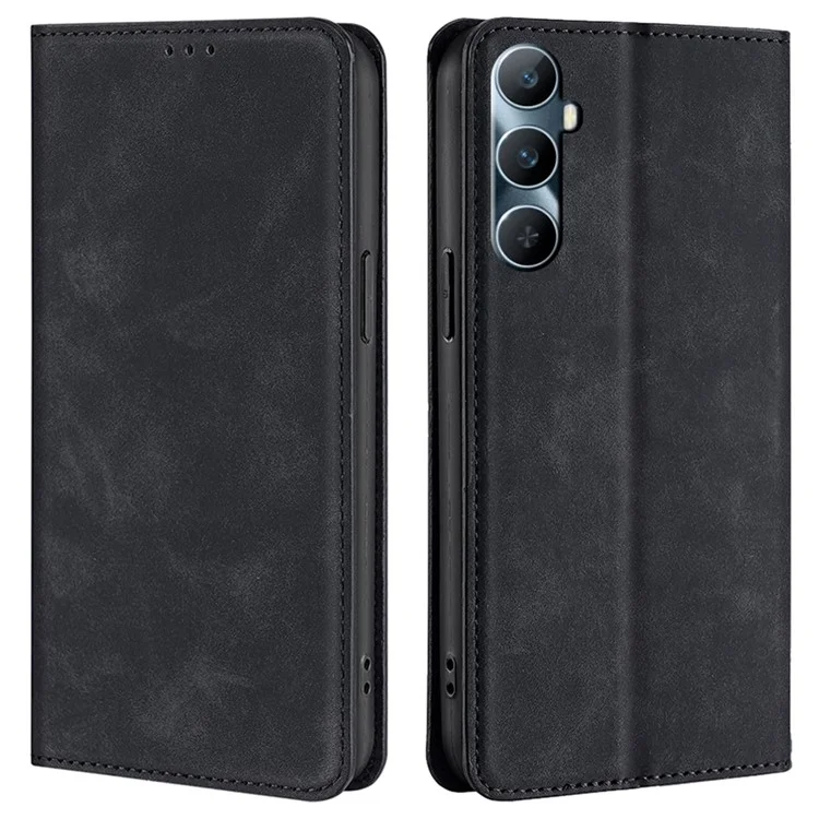 Para Realme C65 4G Capa de Couro PU com Slots para Cartão, Fechamento Magnético à Prova de Choques - Preta