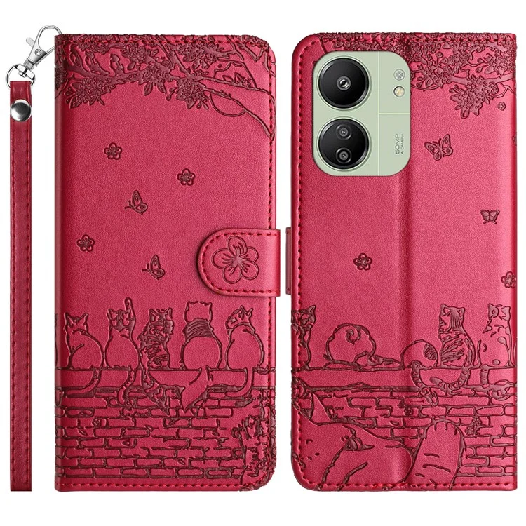 Para Xiaomi Redmi 13C 4G / 5G / 13R 5G / Poco M6 5G / Poco C65 4G Funda de Cuero PU Cartera Cubierta Gatos en la Pared Patrón - Rojo
