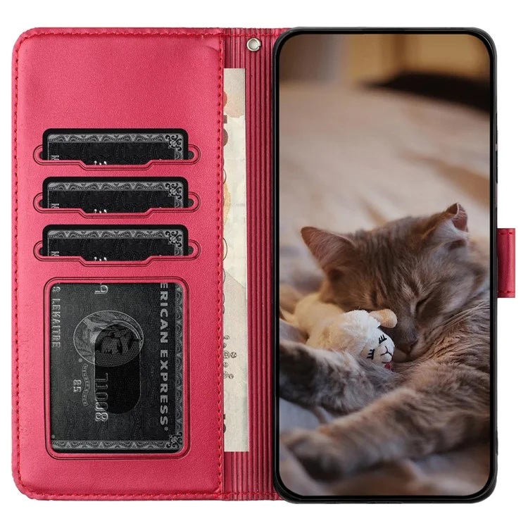 Para Xiaomi Redmi 13C 4G / 5G / 13R 5G / Poco M6 5G / Poco C65 4G Funda de Cuero PU Cartera Cubierta Gatos en la Pared Patrón - Rojo