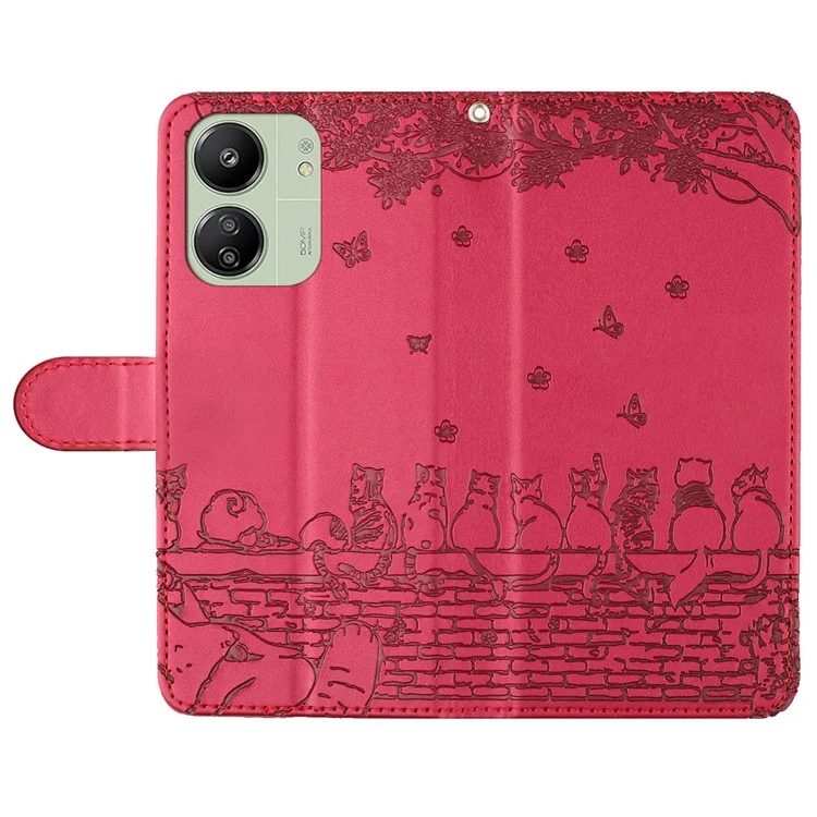 Para Xiaomi Redmi 13C 4G / 5G / 13R 5G / Poco M6 5G / Poco C65 4G Funda de Cuero PU Cartera Cubierta Gatos en la Pared Patrón - Rojo