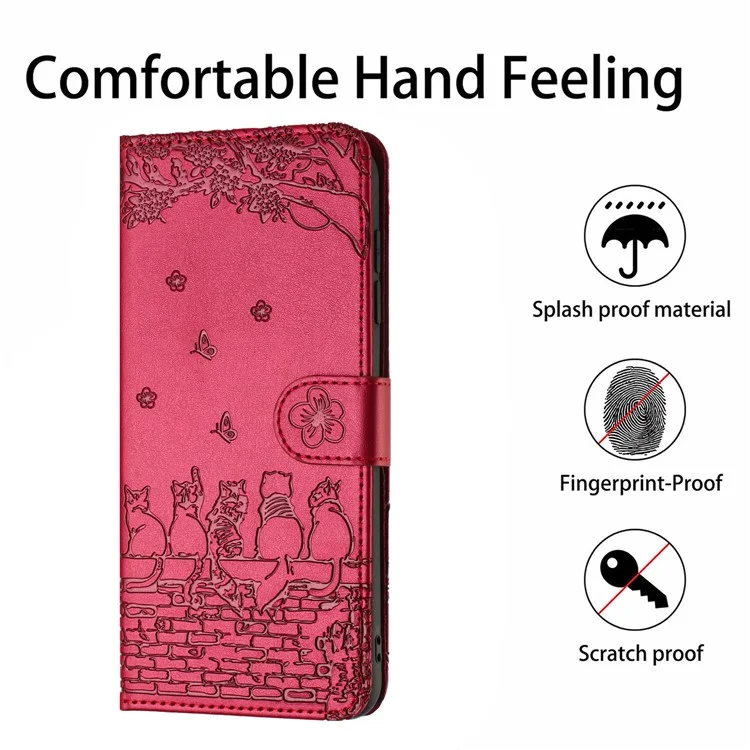 Para Xiaomi Redmi 13C 4G / 5G / 13R 5G / Poco M6 5G / Poco C65 4G Funda de Cuero PU Cartera Cubierta Gatos en la Pared Patrón - Rojo