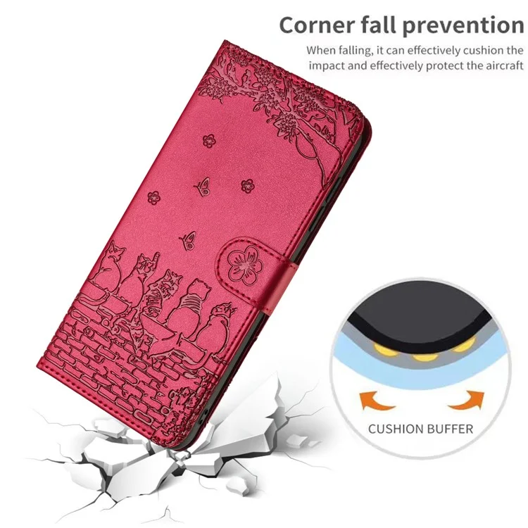 Para Xiaomi Redmi 13C 4G / 5G / 13R 5G / Poco M6 5G / Poco C65 4G Funda de Cuero PU Cartera Cubierta Gatos en la Pared Patrón - Rojo
