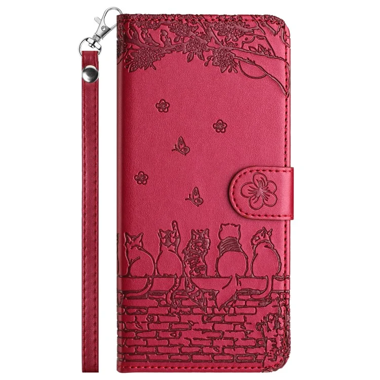 Para Xiaomi Redmi 13C 4G / 5G / 13R 5G / Poco M6 5G / Poco C65 4G Funda de Cuero PU Cartera Cubierta Gatos en la Pared Patrón - Rojo
