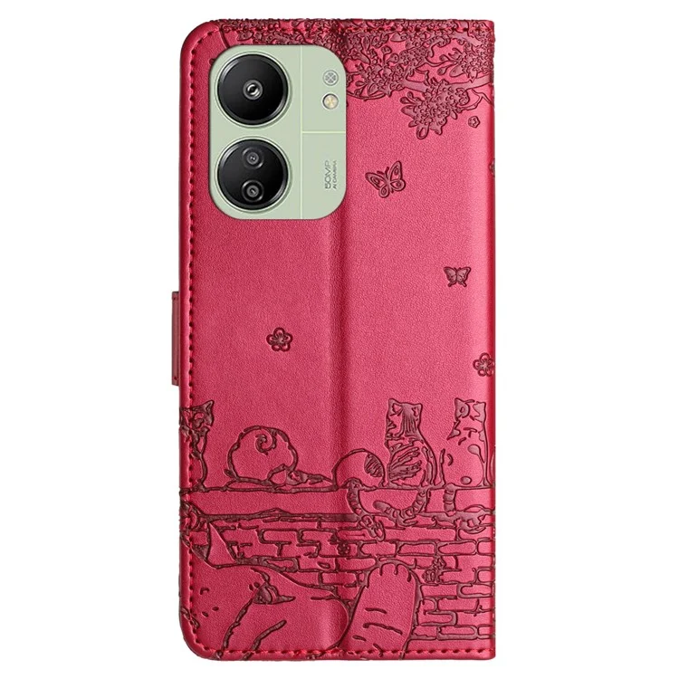 Para Xiaomi Redmi 13C 4G / 5G / 13R 5G / Poco M6 5G / Poco C65 4G Funda de Cuero PU Cartera Cubierta Gatos en la Pared Patrón - Rojo